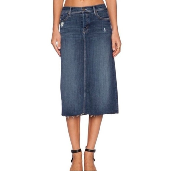 MOTHER The Easy A Denim Midi Skirt Frayed Raw Hem - Picture 1 of 8